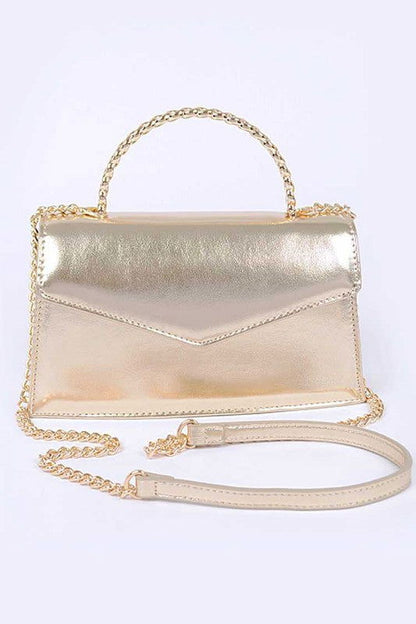 Metal Handle Metallic Leather Convertible Clutch us.meeeshop - Handbags