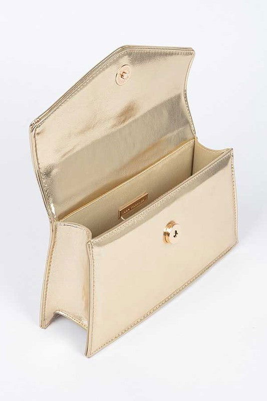 Metal Handle Metallic Leather Convertible Clutch us.meeeshop - 