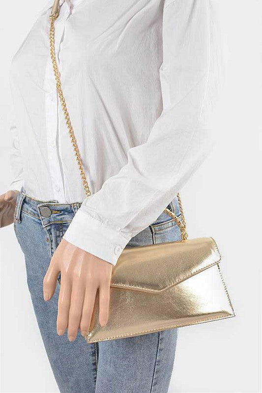 Metal Handle Metallic Leather Convertible Clutch us.meeeshop - 