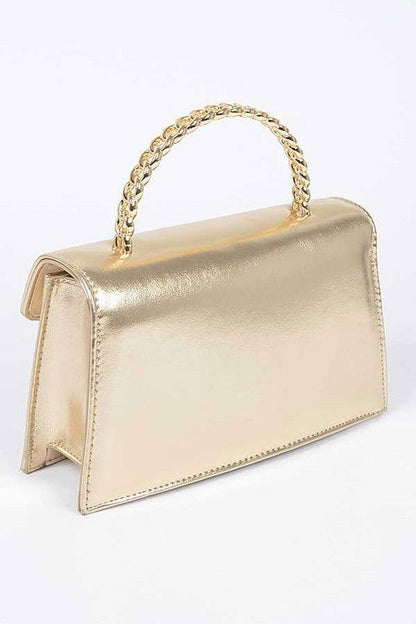 Metal Handle Metallic Leather Convertible Clutch us.meeeshop - 