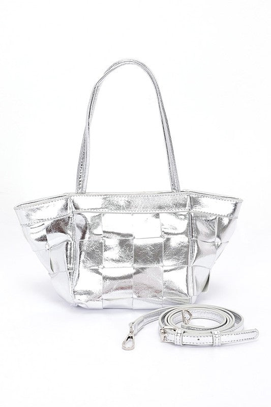 Metallic Faux Leather Weaved Small Tote Bag us.meeeshop - 