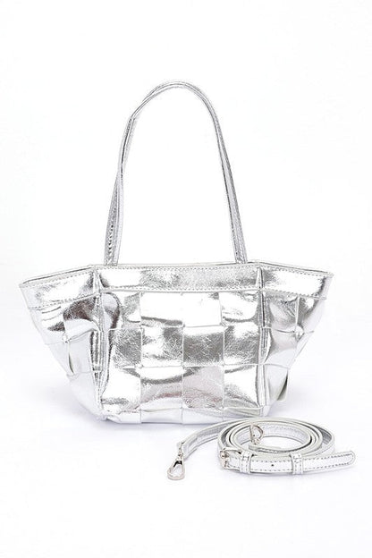 Metallic Faux Leather Weaved Small Tote Bag us.meeeshop - 