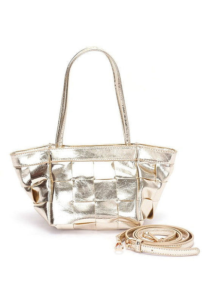 Metallic Faux Leather Weaved Small Tote Bag us.meeeshop - 