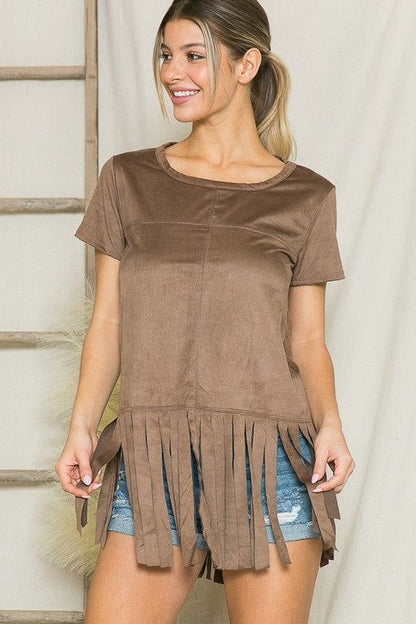 Micro Suede Fringe Top us.meeeshop - Shirts & Tops