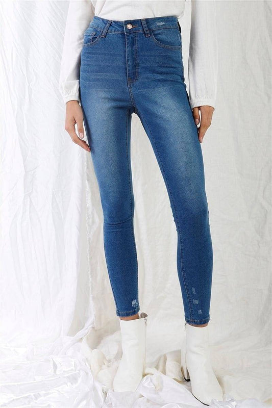 Mid Blue High-waisted With Rips Skinny Denim Jeans | us.meeeshop