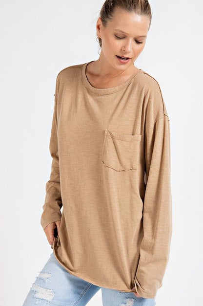 Mineral Washed Round Neckline Long Sleeves Top us.meeeshop - 