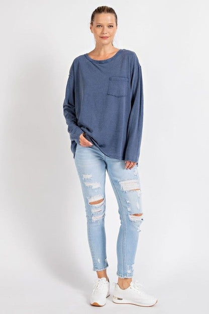 Mineral Washed Round Neckline Long Sleeves Top us.meeeshop - 