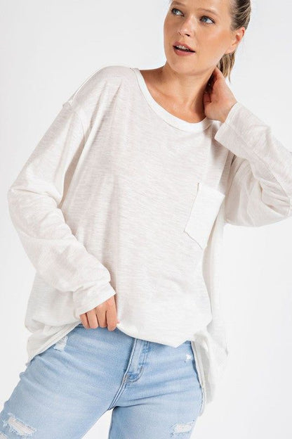 Mineral Washed Round Neckline Long Sleeves Top us.meeeshop - 