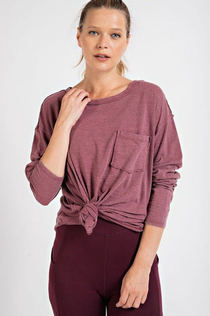 Mineral Washed Round Neckline Long Sleeves Top us.meeeshop - 