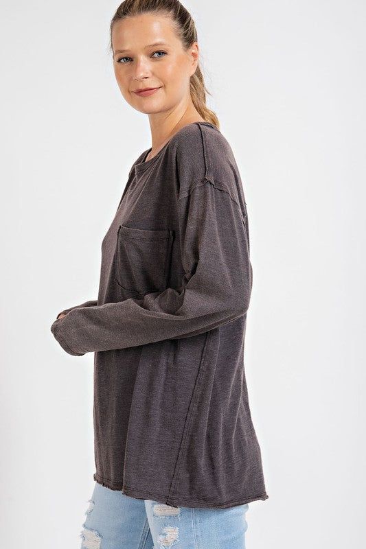 Mineral Washed Round Neckline Long Sleeves Top us.meeeshop - 