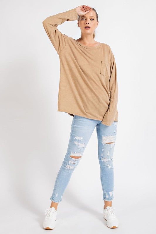 Mineral Washed Round Neckline Long Sleeves Top us.meeeshop - 