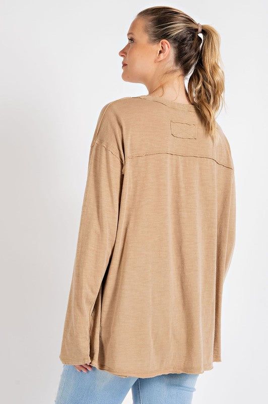 Mineral Washed Round Neckline Long Sleeves Top us.meeeshop - 