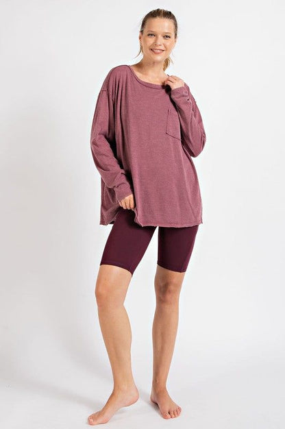 Mineral Washed Round Neckline Long Sleeves Top us.meeeshop - 