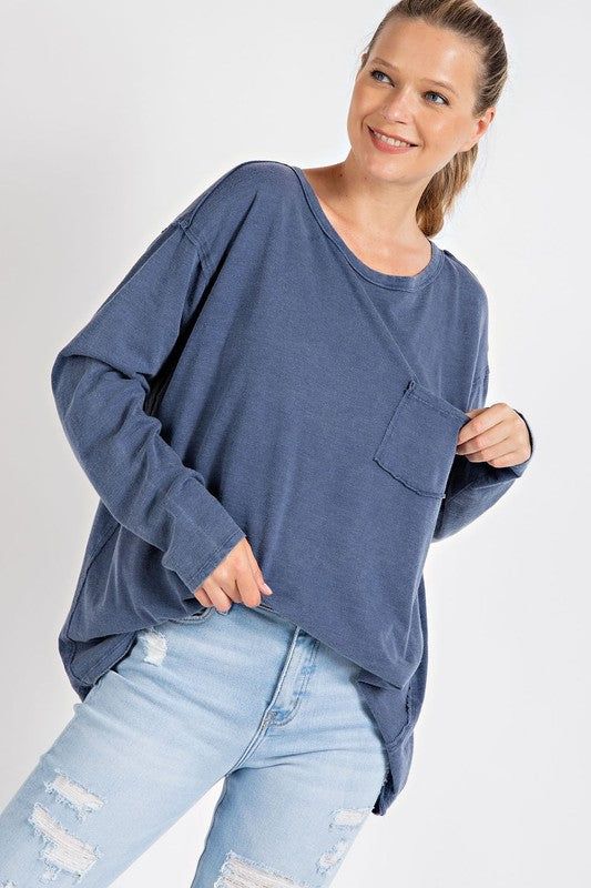 Mineral Washed Round Neckline Long Sleeves Top us.meeeshop - 