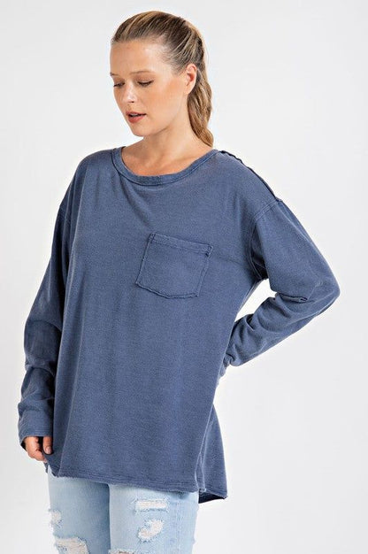 Mineral Washed Round Neckline Long Sleeves Top us.meeeshop - 