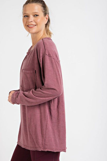 Mineral Washed Round Neckline Long Sleeves Top us.meeeshop - 