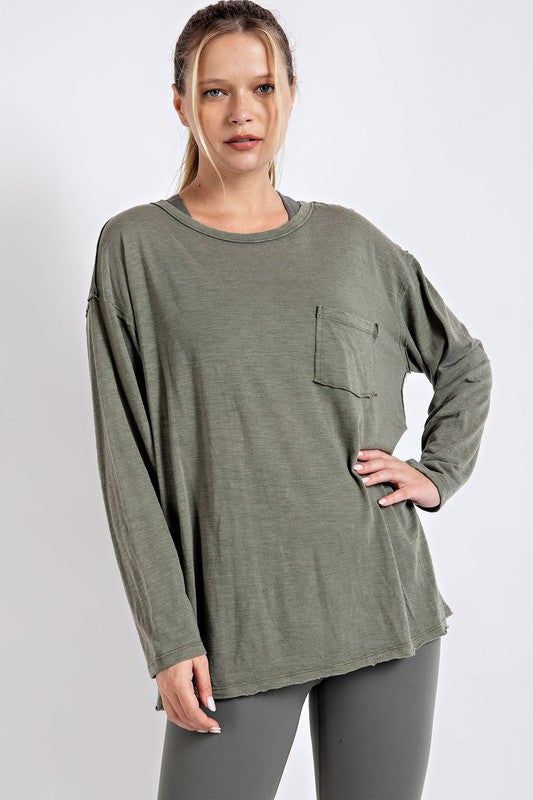 Mineral Washed Round Neckline Long Sleeves Top us.meeeshop - 