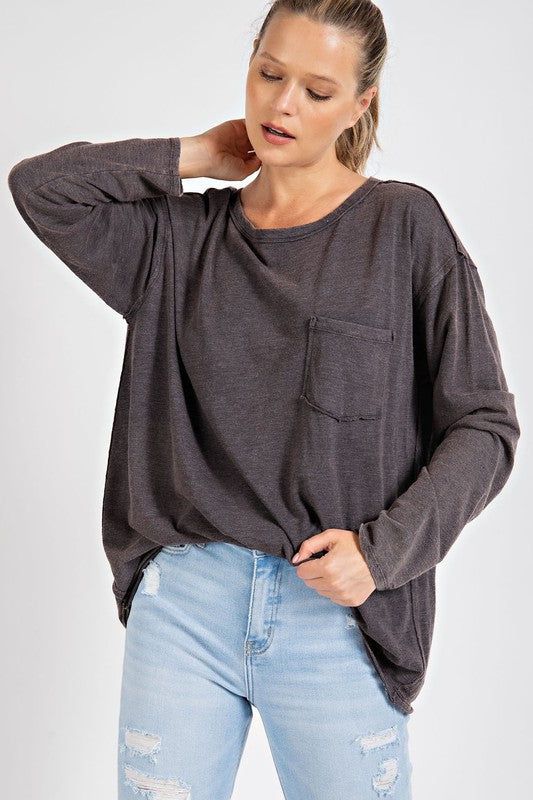 Mineral Washed Round Neckline Long Sleeves Top us.meeeshop - 