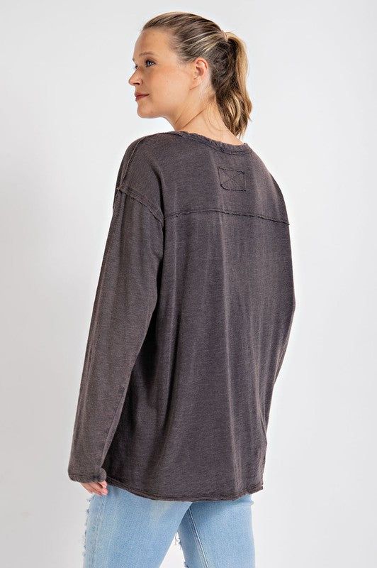 Mineral Washed Round Neckline Long Sleeves Top us.meeeshop - 