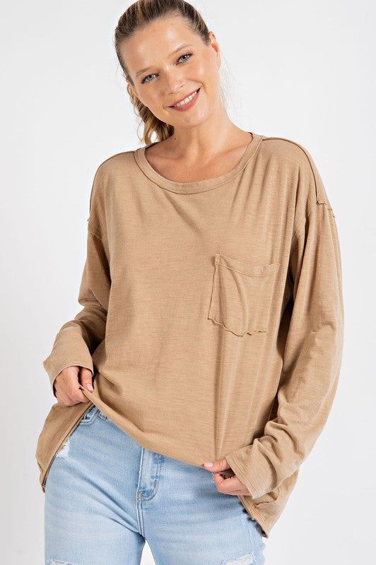 Mineral Washed Round Neckline Long Sleeves Top us.meeeshop - 