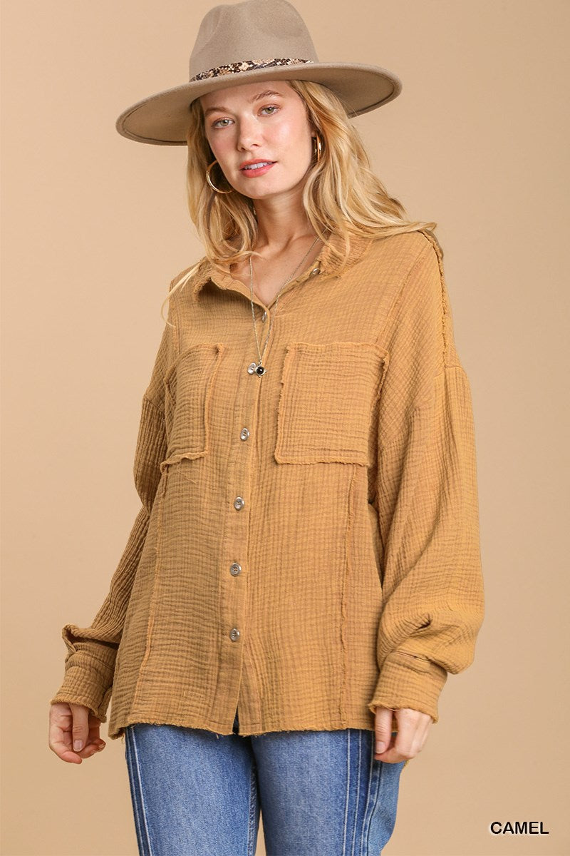 Mineral wash button down top with high low hem | us.meeeshop