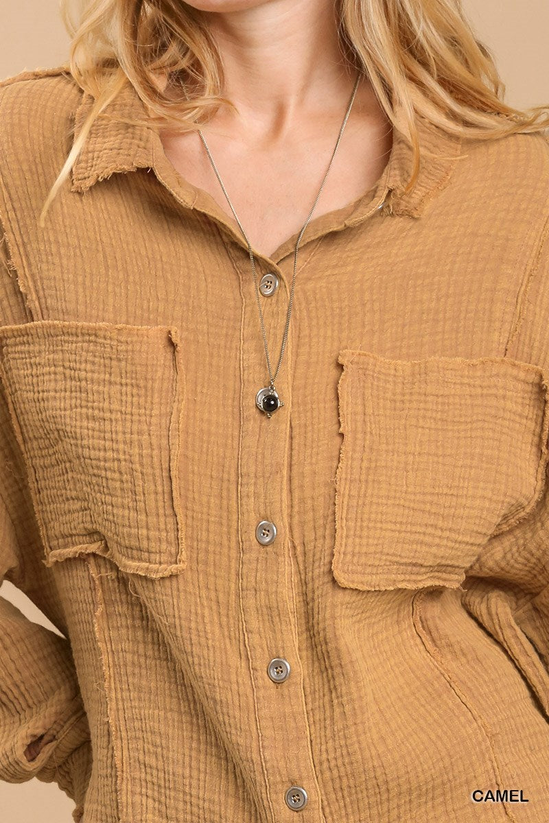 Mineral wash button down top with high low hem | us.meeeshop
