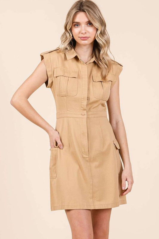 Mittoshop Cargo Pocket Half Button Mini Dress In Camel us.meeeshop - Dresses