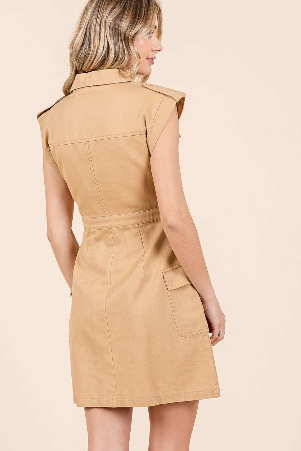 Mittoshop Cargo Pocket Half Button Mini Dress In Camel us.meeeshop - 