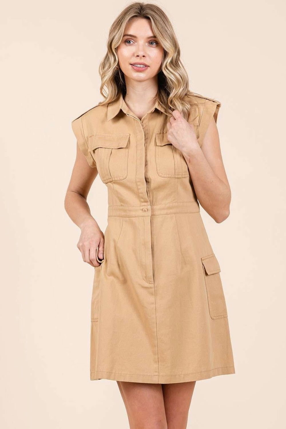 Mittoshop Cargo Pocket Half Button Mini Dress In Camel us.meeeshop - 