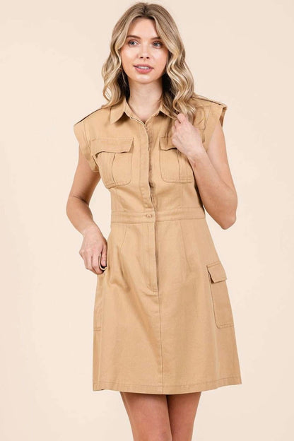 Mittoshop Cargo Pocket Half Button Mini Dress In Camel us.meeeshop - 