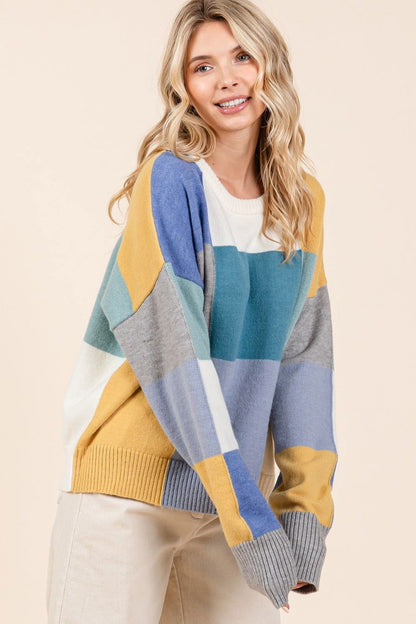 Mittoshop Color Block Round Neck Sweater In Seafoam us.meeeshop - 