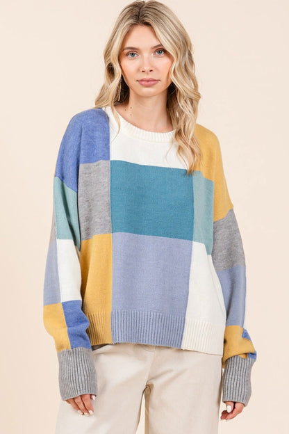 Mittoshop Color Block Round Neck Sweater In Seafoam us.meeeshop - 