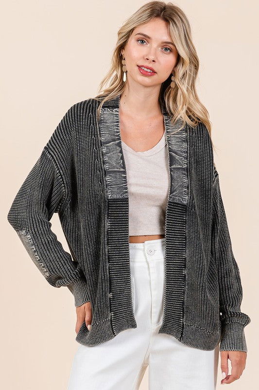 Mittoshop Contrast Patch Open Front Mineral Wash Cardigan us.meeeshop - Shirts & Tops