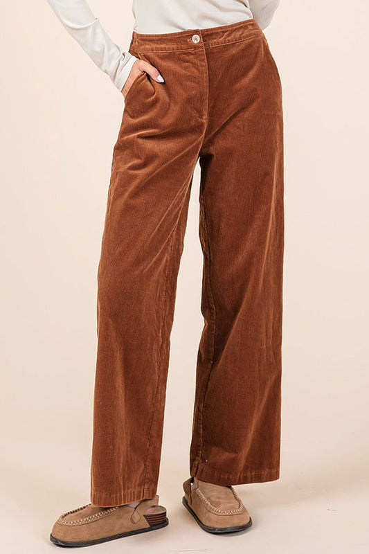 Mittoshop Corduroy Back Elastic Waist Pants In Camel us.meeeshop - Pants