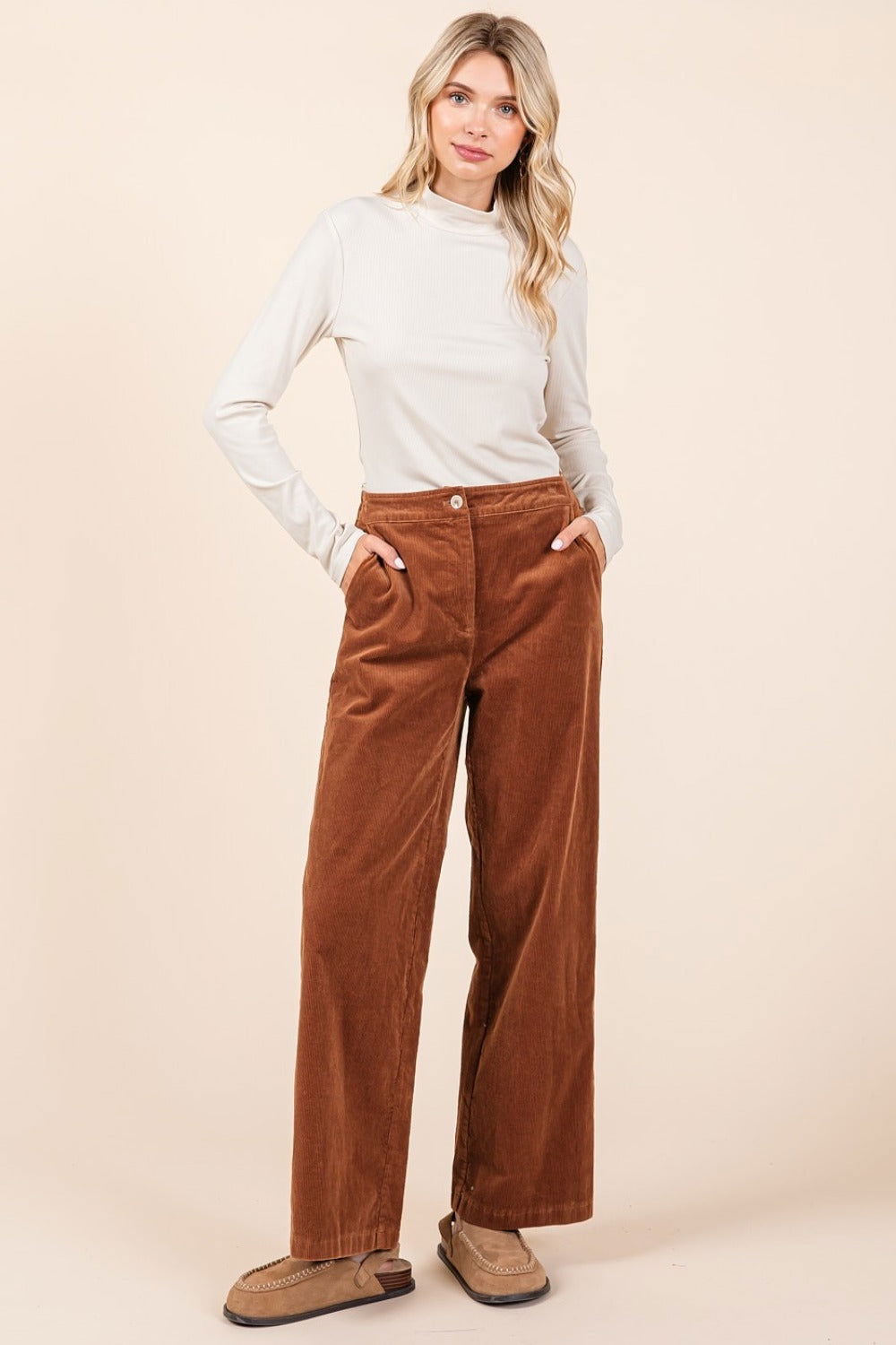 Mittoshop Corduroy Back Elastic Waist Pants In Camel us.meeeshop - 