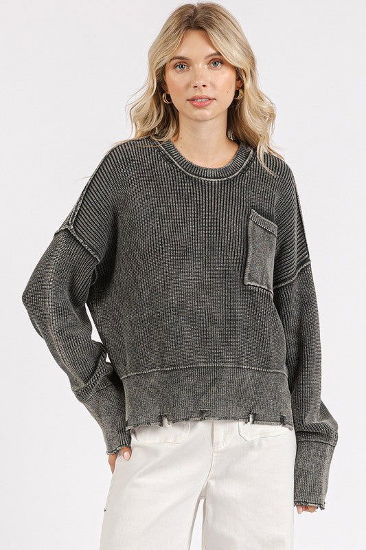 Mittoshop Distressed Hem Round Neck Dropped Shoulder Sweater us.meeeshop - 