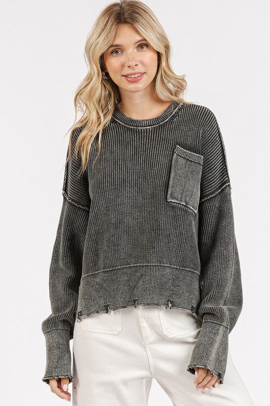 Mittoshop Distressed Hem Round Neck Dropped Shoulder Sweater us.meeeshop - Shirts & Tops