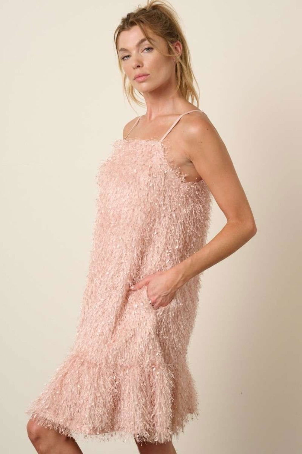 Mittoshop Feather Ruffle Hem Mini Cami Dress In Blush us.meeeshop - 