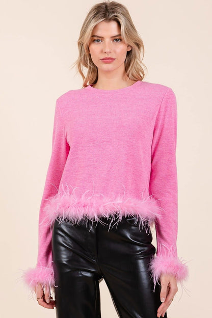 Mittoshop Feather Trim Long Sleeve Crop Hacci Knit Top us.meeeshop - Shirts & Tops