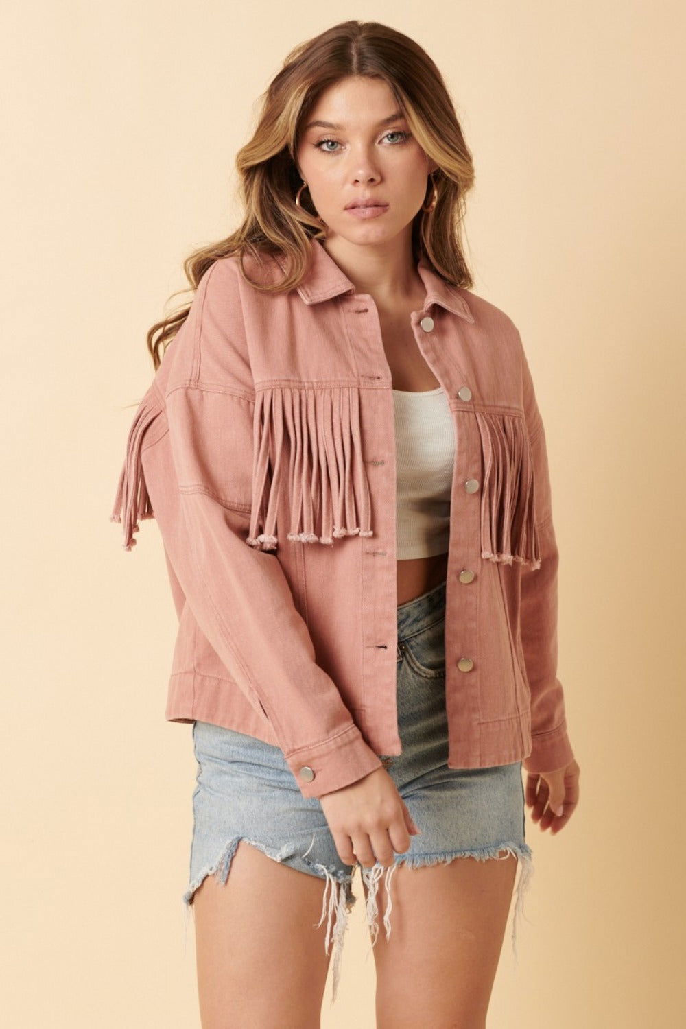 Mittoshop Fringe Detail Cotton Twill Jacket In Blush us.meeeshop - 