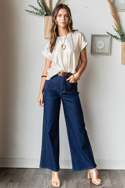 Mittoshop High Waist Wide Leg Jeans In Indigo us.meeeshop - 