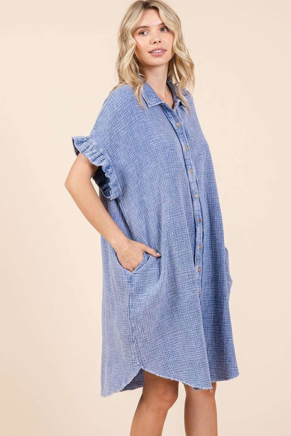 Mittoshop Mineral Wash Cotton Gauze Mini Shirt Dress us.meeeshop - 