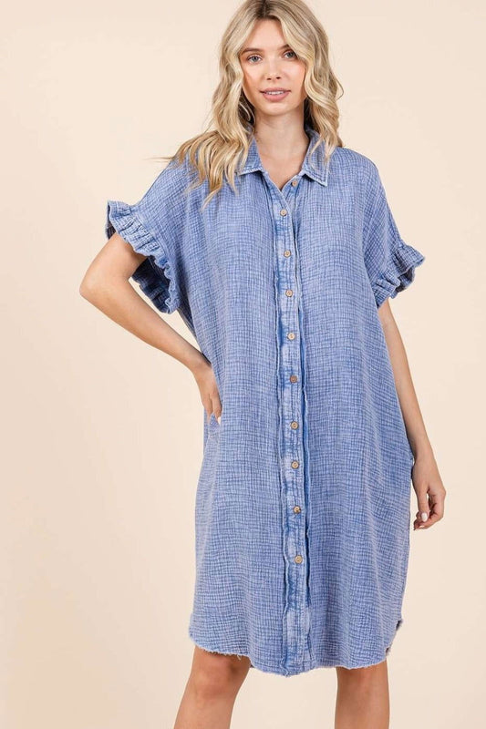 Mittoshop Mineral Wash Cotton Gauze Mini Shirt Dress us.meeeshop - Dresses