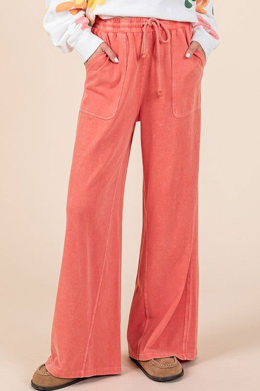 Mittoshop Mineral Wash French Terry Drawstring Wide Leg Pants us.meeeshop - Pants