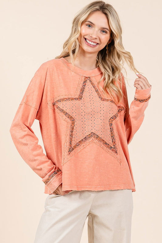 Mittoshop Mineral Wash Star Patch Long Sleeve T-Shirt us.meeeshop - Shirts & Tops