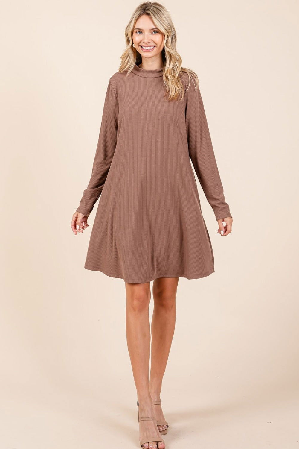 Mittoshop Mock Neck Long Sleeve Dress with Pockets us.meeeshop - 