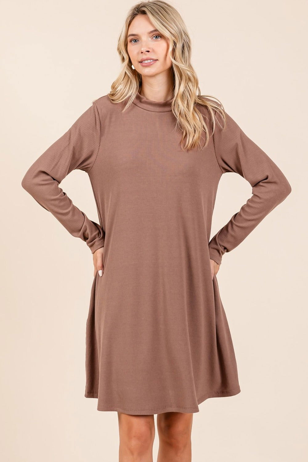 Mittoshop Mock Neck Long Sleeve Dress with Pockets us.meeeshop - Dresses