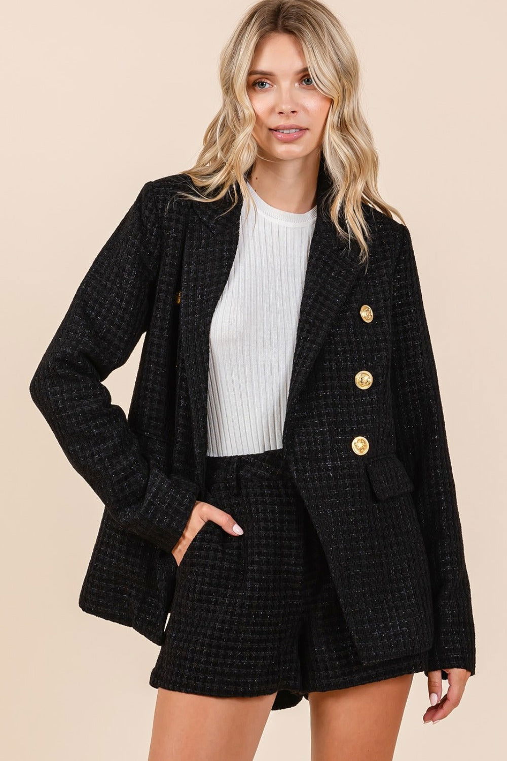 Mittoshop Plaid Texture Double-Breasted Long Sleeve Blazer us.meeeshop - 