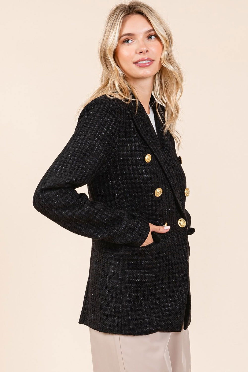 Mittoshop Plaid Texture Double-Breasted Long Sleeve Blazer us.meeeshop - 