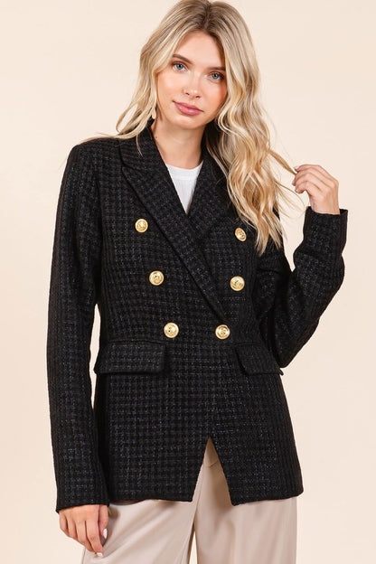 Mittoshop Plaid Texture Double-Breasted Long Sleeve Blazer us.meeeshop - 